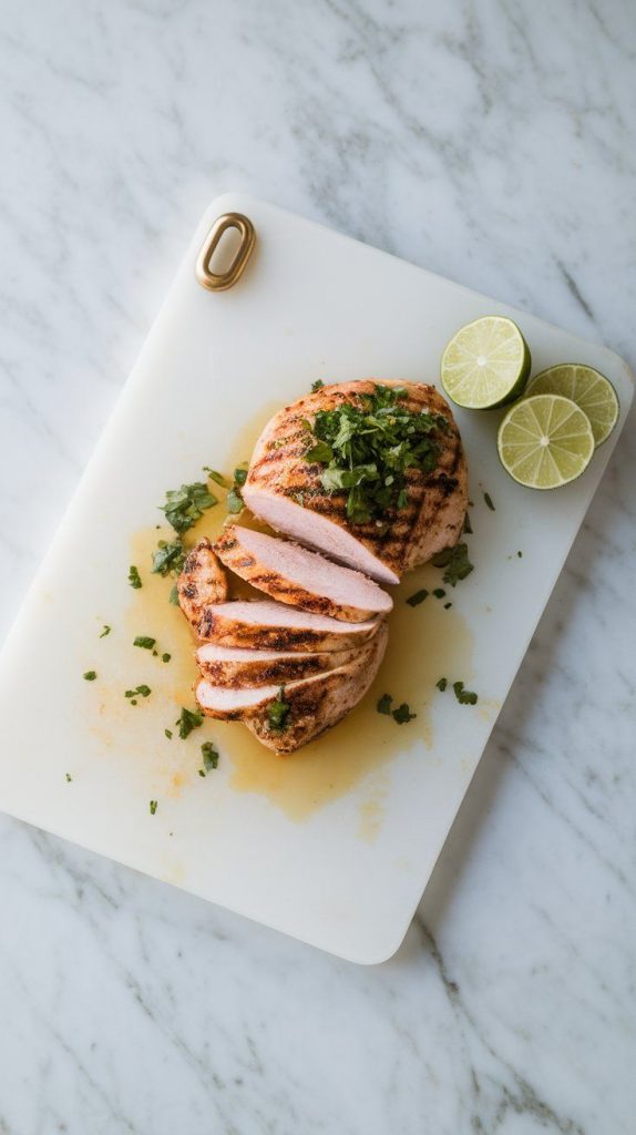 grilled chicken resting on a cutting board with juices glistening, sliced partially with a knife.