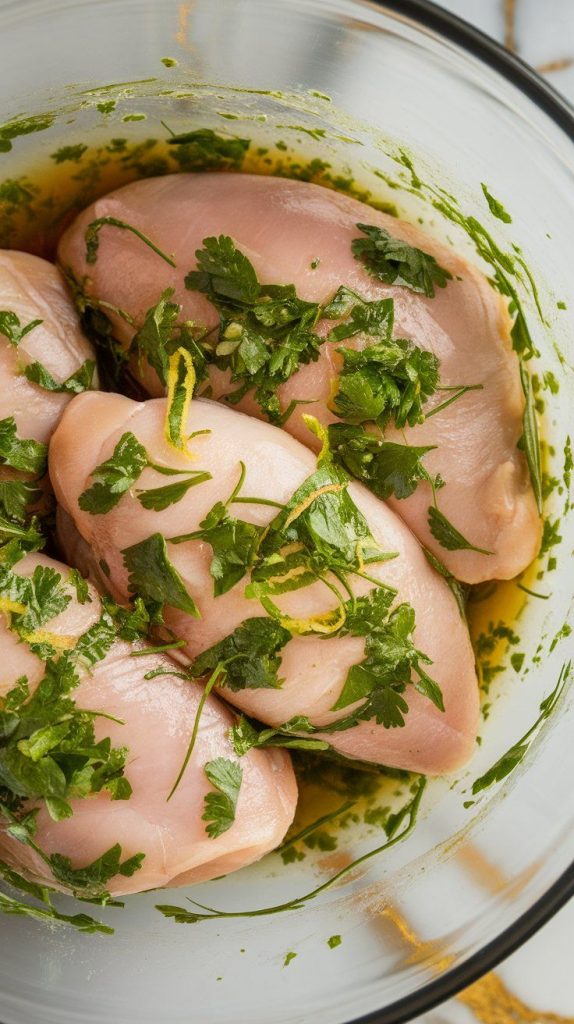 raw chicken breasts in a bowl being coated in the cilantro lime marinade, with chopped herbs and lime zest clinging to the meat