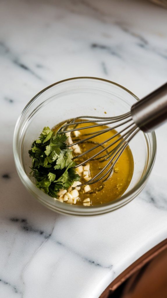 f a small glass bowl with olive oil, lime juice, zest, garlic, and chopped cilantro being whisked into a green-gold marinade.