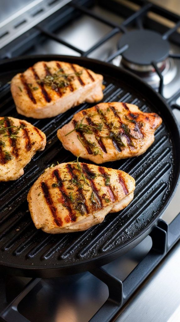chicken breasts grilling on a hot grill pan, with visible grill marks and herbs from the marinade sizzling on the surface.