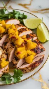 sliced grilled chicken on a plate being topped with chunky golden mango chutney, garnished with cilantro.