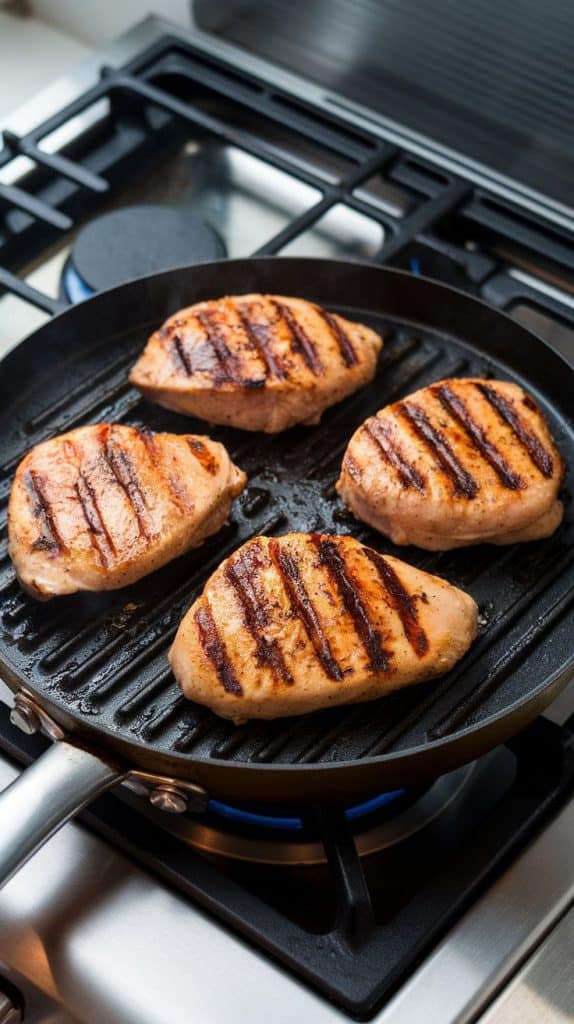 chicken breasts grilling on a hot grill pan with golden grill marks forming and juices sizzling.