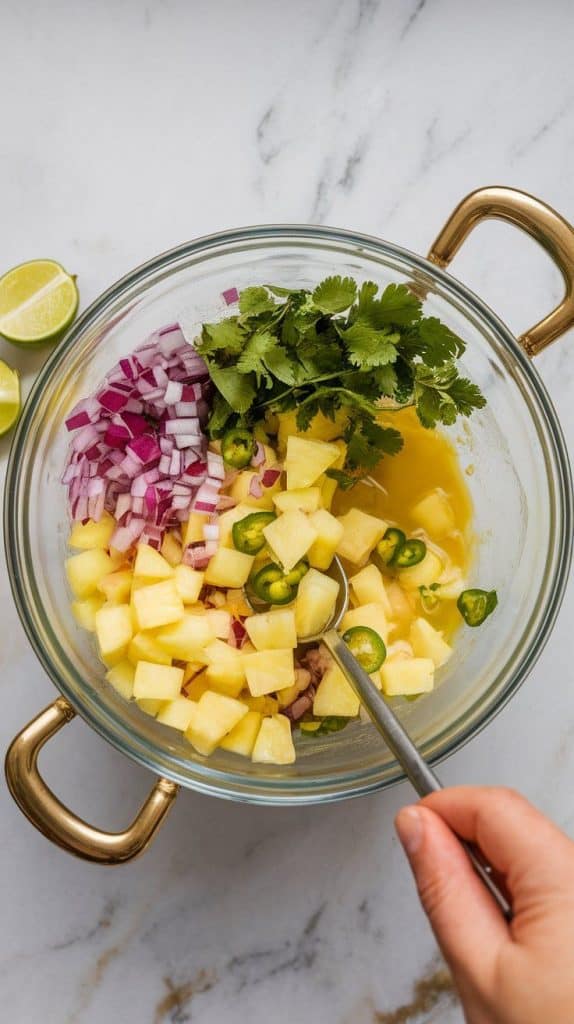 pineapple salsa in a mixing bowl with diced pineapple, red onion, jalapeño, and cilantro being stirred wpineapple salsa in a mixing bowl with diced pineapple, red onion, jalapeño, and cilantro being stirred with a spoonith a spoon