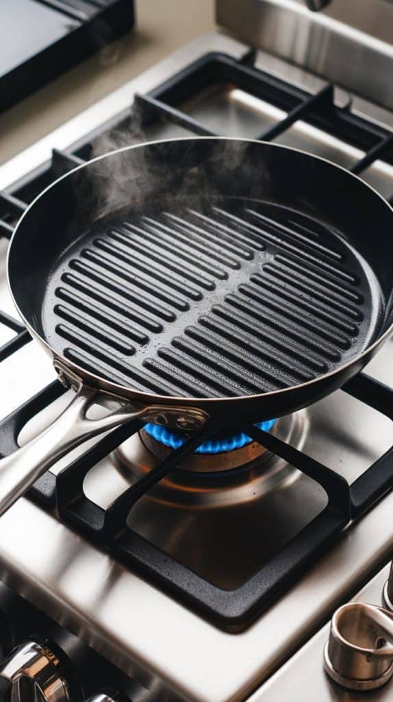 a clean grill pan lightly oiled and heating over a gas burner, just starting to steam. Modern stainless steel gas stove
