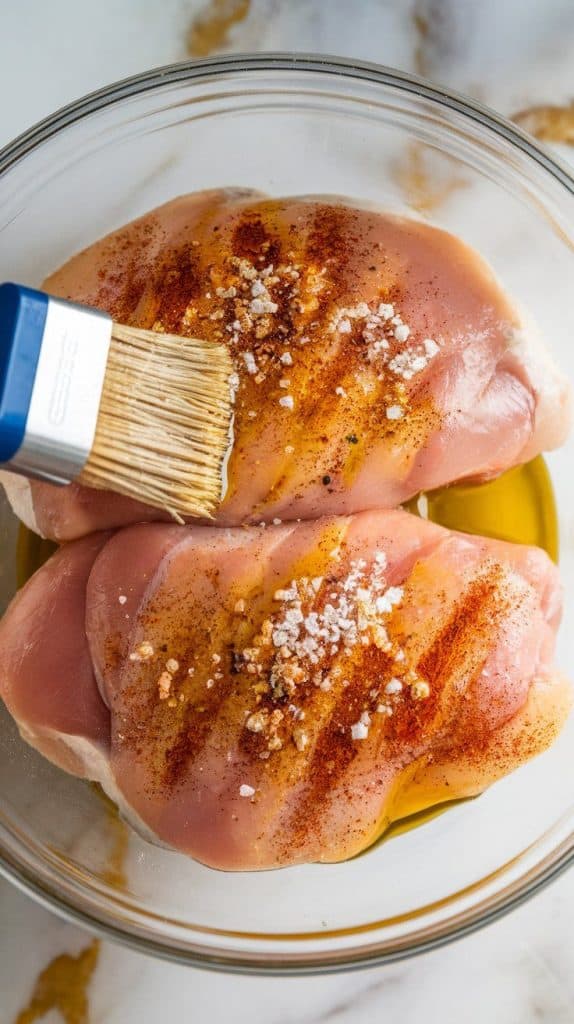 raw chicken breasts being brushed with olive oil and seasoned with garlic powder, paprika, salt, and pepper