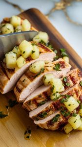 grilled chicken breast being sliced on a wooden board, then topped with bright pineapple salsa