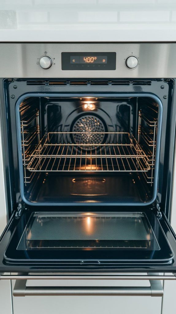 a modern stainless steel oven preheating to 400°F, display panel glowing slightly. Modern stainless steel double oven