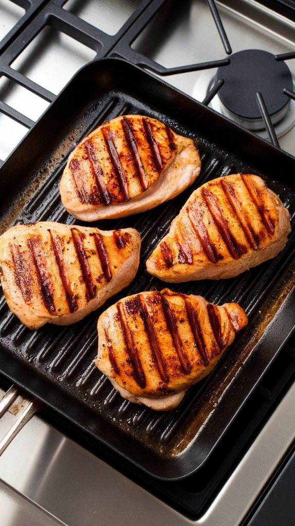 chicken breasts sizzling on a grill pan, with golden grill marks forming and juices bubbling slightly.