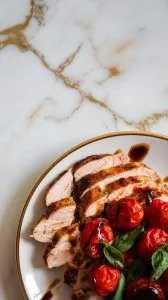sliced grilled chicken on a plate topped with juicy roasted tomatoes and fresh basil, with a few drops of balsamic glaze drizzled over.