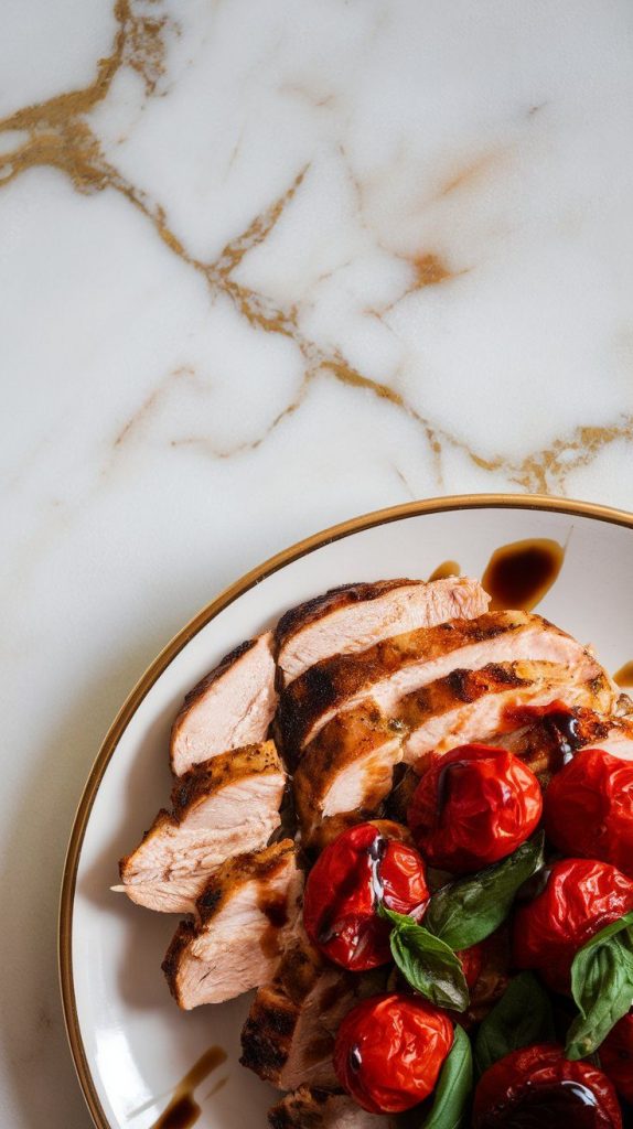 sliced grilled chicken on a plate topped with juicy roasted tomatoes and fresh basil, with a few drops of balsamic glaze drizzled over.