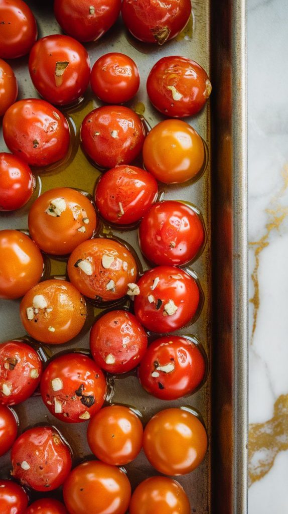 cherry tomatoes on a baking sheet tossed with olive oil, minced garlic, salt, and pepper.