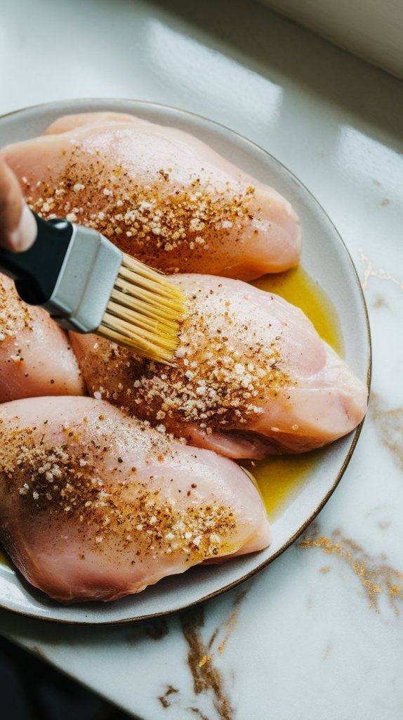 aw chicken breasts on a plate being brushed with olive oil and sprinkled with garlic powder, salt, and pepper. 