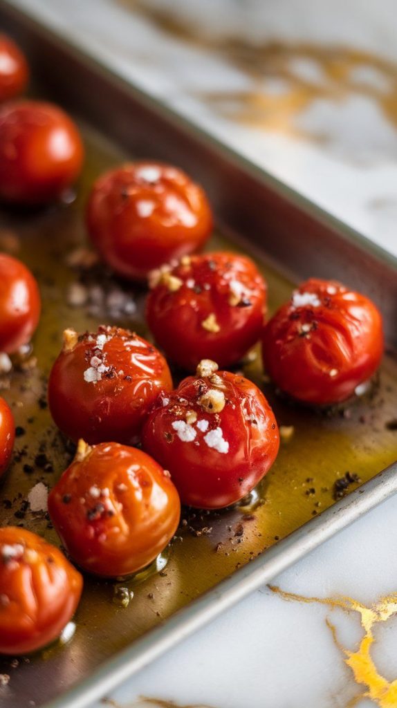  roasted cherry tomatoes on a baking sheet, some tomatoes slightly blistered and bursting, with bits of garlic caramelized around them. 