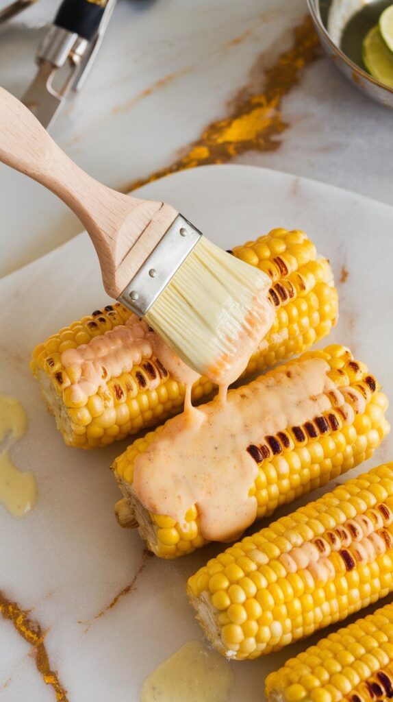 a brush spreading melting chili lime butter over freshly grilled corn on a plate, butter dripping into the kernels.