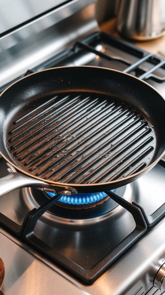  a clean grill pan heating up over a gas burner, lightly brushed with oil and shimmering.