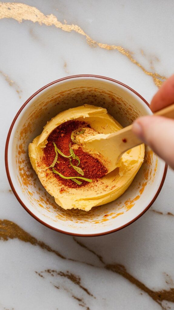 softened butter being mixed with chili powder, lime zest, and lime juice into a smooth spreadable butter in a small bowl. 