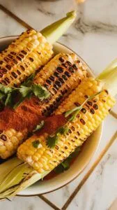 grilled corn with a final sprinkle of chili powder and chopped cilantro on top, glistening with butter.