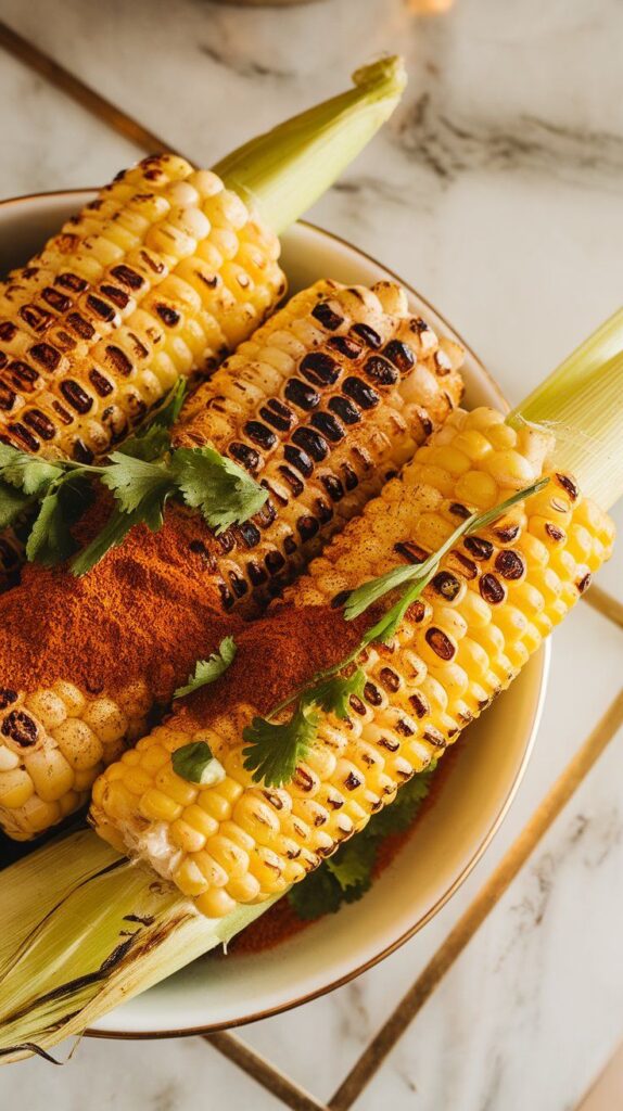 grilled corn with a final sprinkle of chili powder and chopped cilantro on top, glistening with butter.