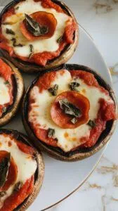grilled portobello mushroom pizzas fresh off the grill, sprinkled with chopped basil and ready to serve