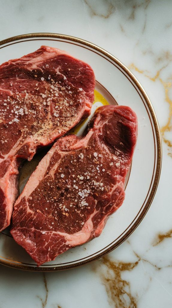 aw steaks being rubbed with olive oil, salt, and pepper on a plate. The surface is glossy and well-seasoned.