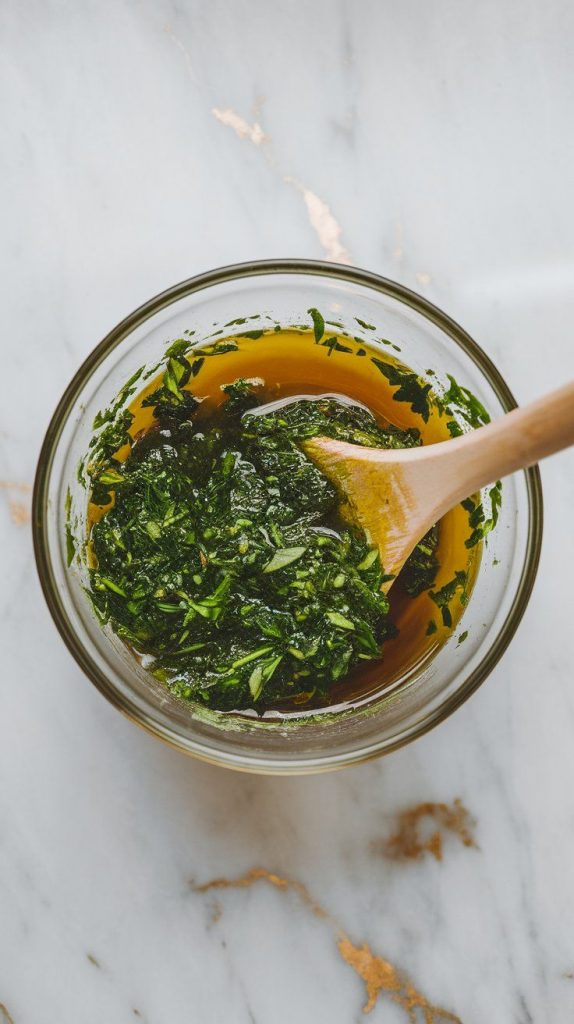 a small bowl filled with parsley, garlic, vinegar, and oil being stirred into a vibrant green sauce