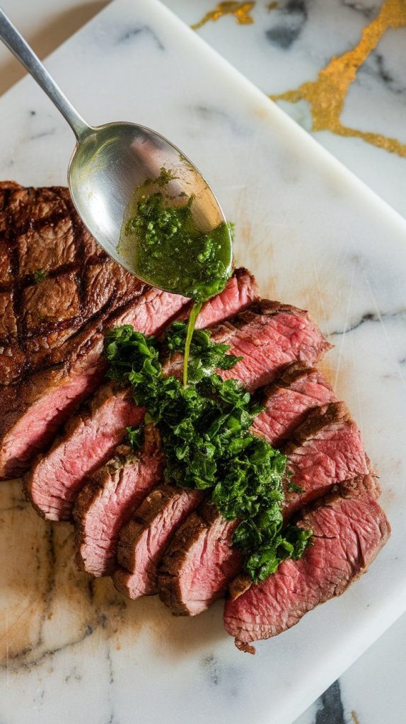 grilled steak being sliced into thin strips on a cutting board, with a spoon drizzling fresh green parsley sauce over the meat.