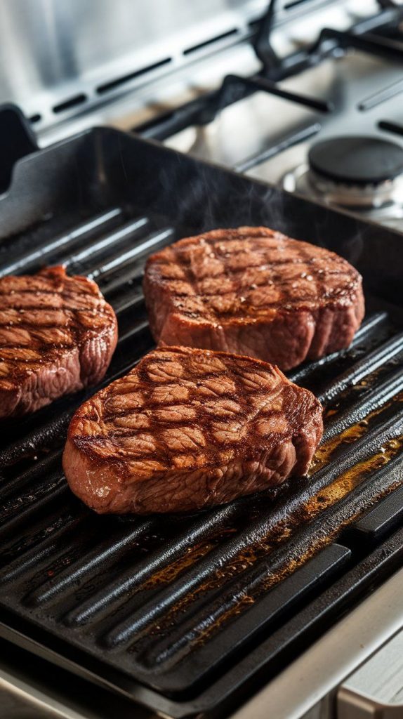 steaks sizzling on a hot grill pan, with grill marks forming and juices bubbling on the surface.