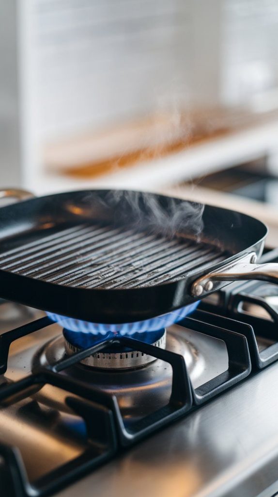 a grill pan heating up over a gas flame, lightly brushed with oil. Steam is rising slightly. Modern stainless steel gas stove.