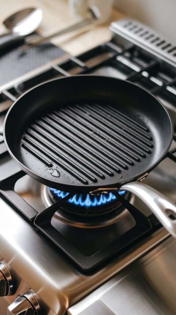 a grill pan heating up over a gas flame, lightly oiled and starting to shimmer. Modern stainless steel gas stove.