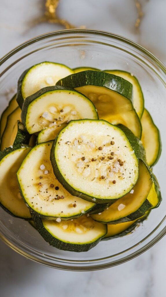 sliced zucchini being tossed in a bowl with olive oil, salt, and pepper. The slices are glossy and evenly coated