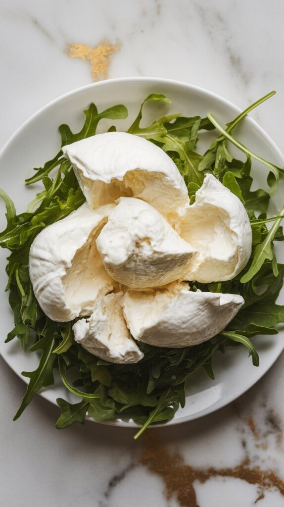 torn creamy burrata pieces being placed over fresh arugula on a white plate