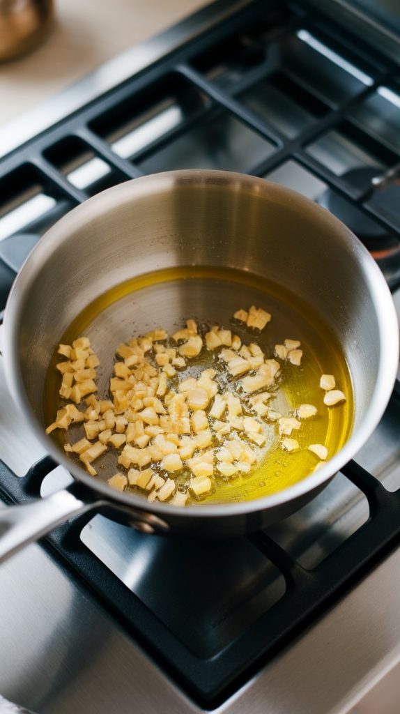 butter and olive oil melted together in a saucepan with freshly minced garlic just starting to sizzle
