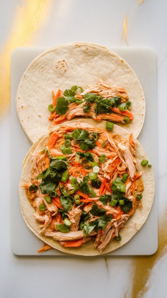 two flour tortillas on a cutting board being filled with the well mixed chicken-peanut mixture 