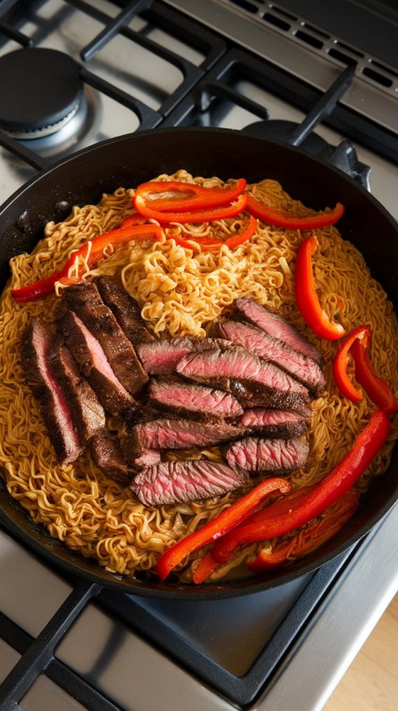 ramen noodles, browned thin sliced steak, and veggies (cooked sliced red bell peppers) being tossed together in glossy sauce in a large black skillet, tongs mid-toss