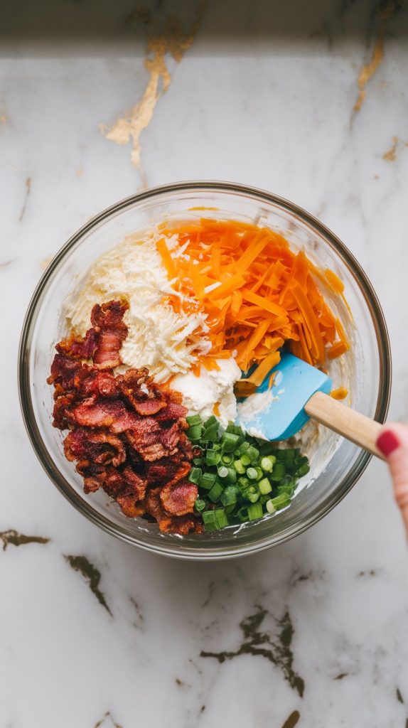 a mixing bowl filled with cream cheese, shredded cheddar, shredded mozzarella, finely diced jalapeños, crumbled bacon, and chopped green onion being mixed together with a spatula