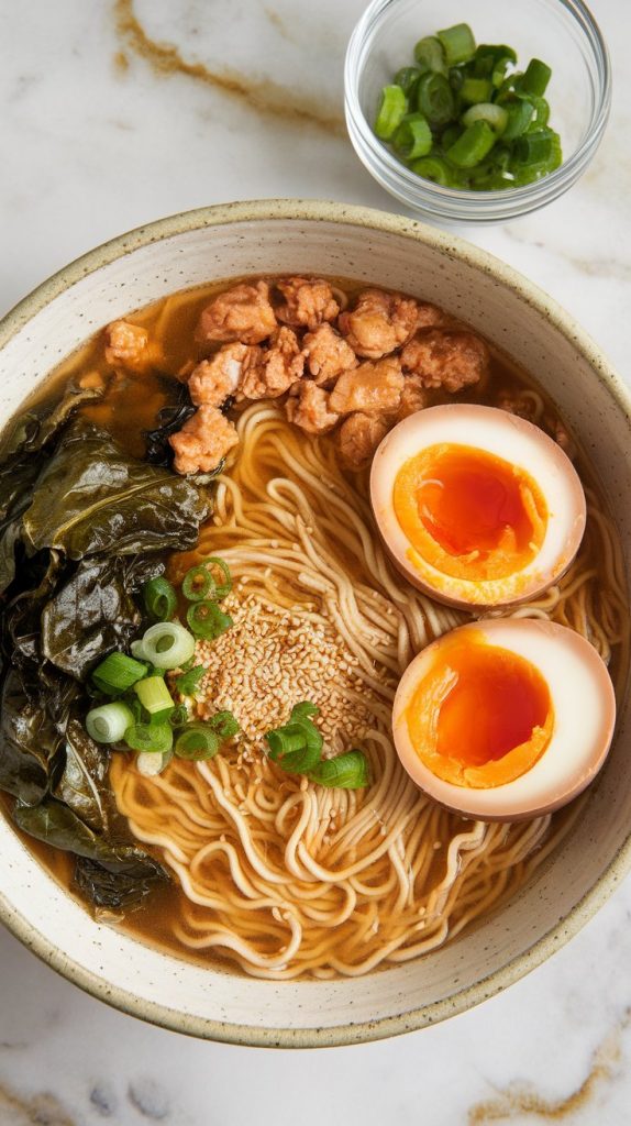 golden ramen broth ladled into a ceramic bowl, with soft, springy, lightly tangled ramen noodles that look freshly drained and slightly matte