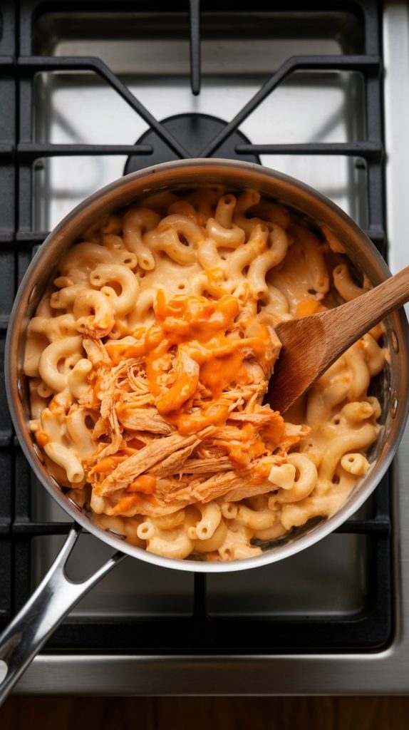 creamy mac and cheese being stirred with shredded chicken and bright orange buffalo sauce