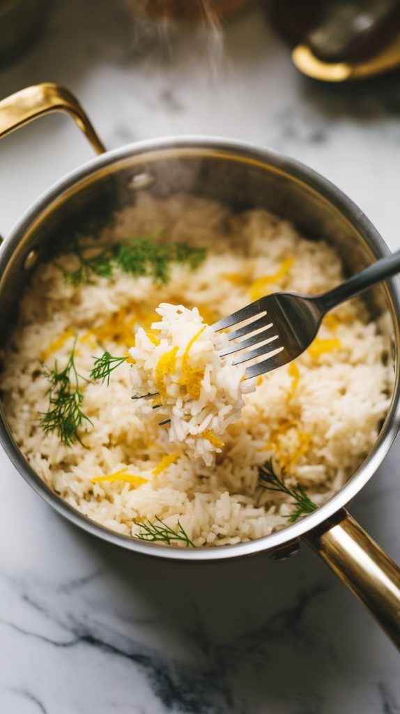 fork fluffing steaming basmati rice in a saucepan