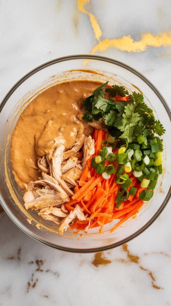 shredded chicken, shredded carrots, chopped cilantro, and chopped green onions being mixed into the peanut sauce in a glass bowl. Mixture looks well-coated and colorful