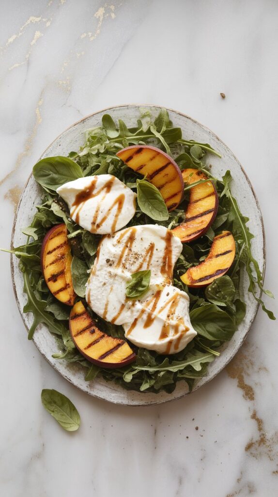 grilled peach and burrata salad showing the layering: a bed of fresh arugula spread out at the bottom, torn pieces of creamy burrata placed on top, grilled peach wedges layered over the burrata, finished with a drizzle of balsamic glaze