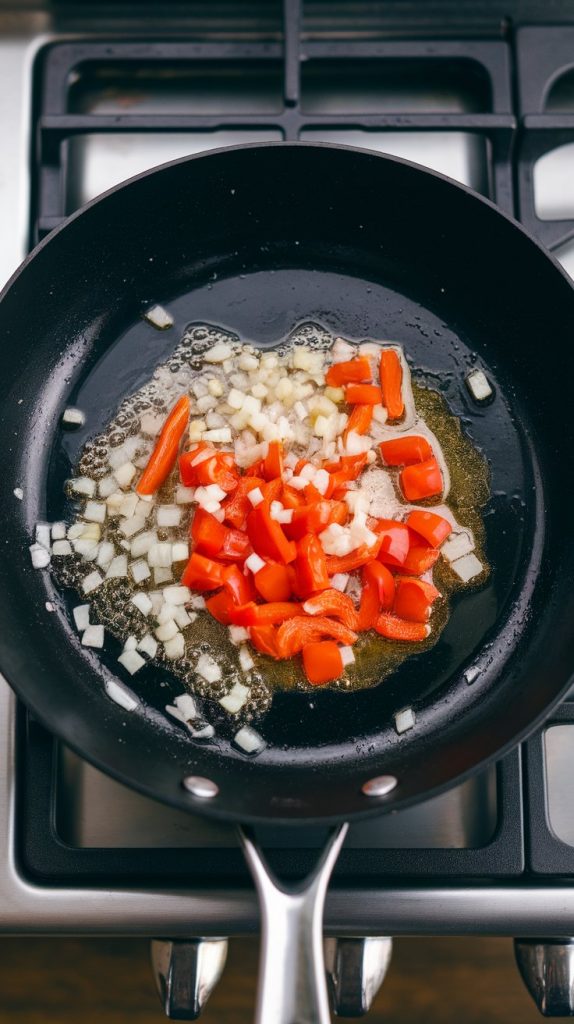 Ultra close-up of diced onion, minced garlic, and red bell pepper sizzling in oil in a non-stick skillet. Veggies are glossy and softening. Pan on a modern stainless steel gas stove. with all-natural lighting, taken with an iPhone 15 Pro, top-down shot used by recipe bloggers.