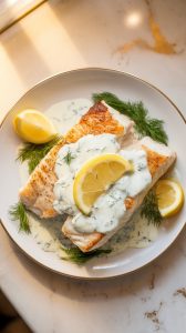 Baked Cod with Lemon-Dill Yogurt Sauce