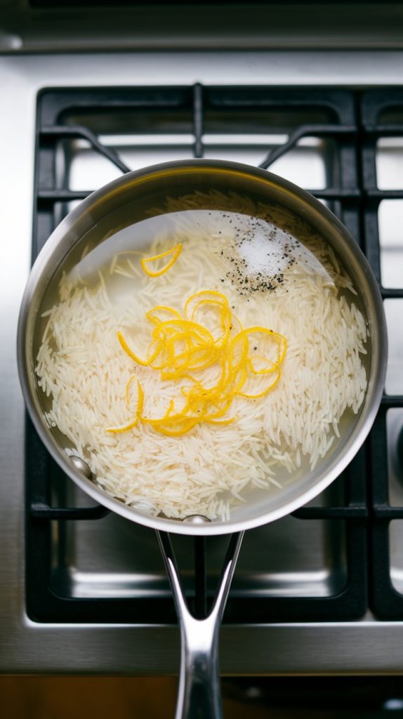 basmati rice mixed melted butter in a saucepan with water just added, lemon zest floating on top, salt and pepper visible in the water,