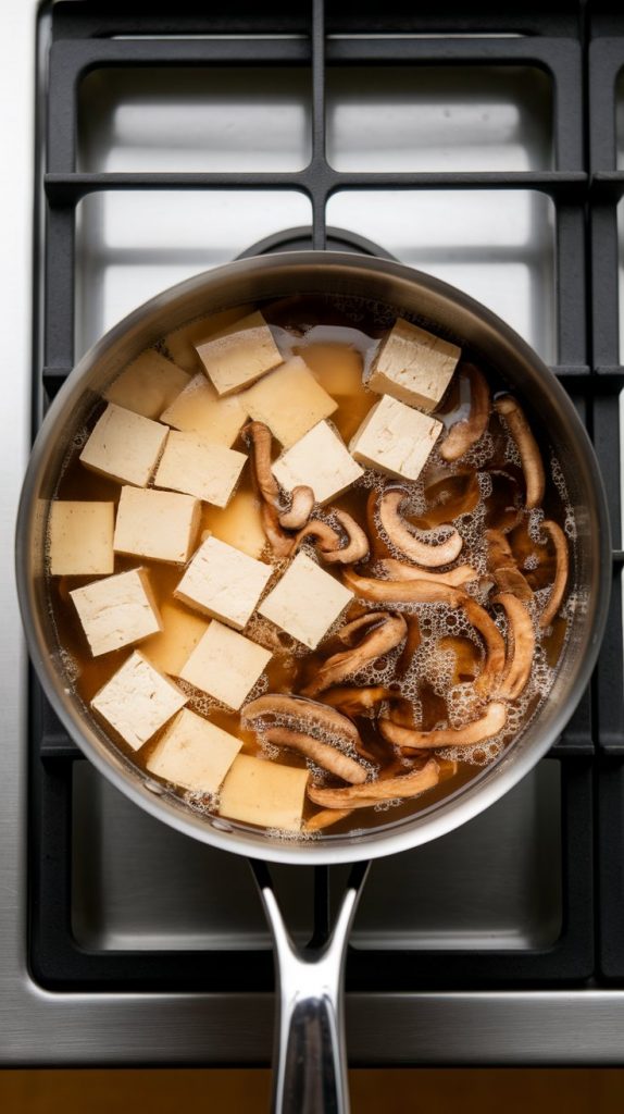 cubed tofu and sliced shiitake mushrooms added to a simmering miso broth in a saucepan made from melted  miso paste, soy sauce, and vegetable broth