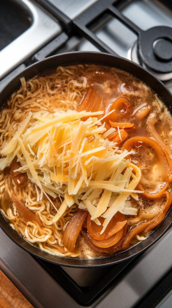 shredded mozzarella and Gruyère slowly melting into a hot, simmering ramen onion soup filled with softened noodles, golden caramelized onions, and rich broth