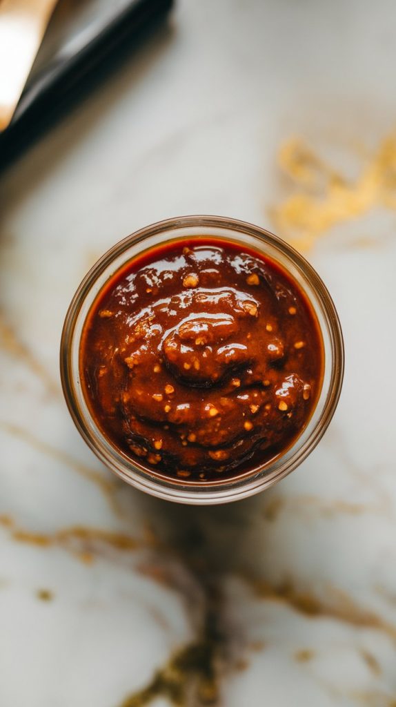 a small bowl with mixed sauce—thick, glossy, and dark brown—with visible flecks of chili garlic sauce
