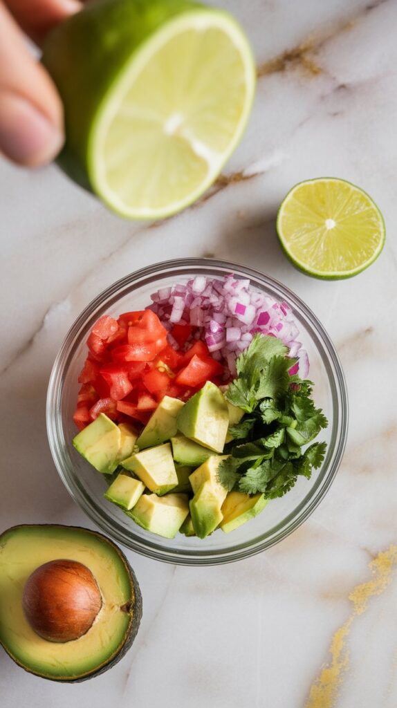 diced avocado, diced tomato, finely chopped red onion, and chopped cilantro mixed together in a small glass bowl