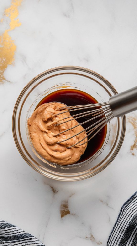 creamy peanut butter, soy sauce, honey, rice vinegar, and sesame oil being whisked into a smooth, thick sauce in a small glass mixing bowl