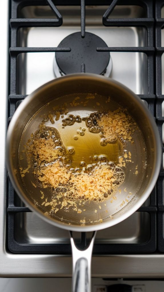 minced garlic and grated ginger sizzling in a drizzle of sesame oil in a soup pot. You can see the golden oil bubbling slightly
