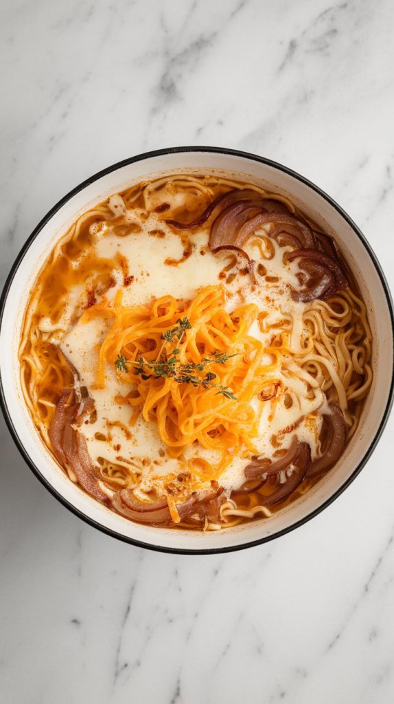 Cheesy French Onion Ramen Noodle Soup.